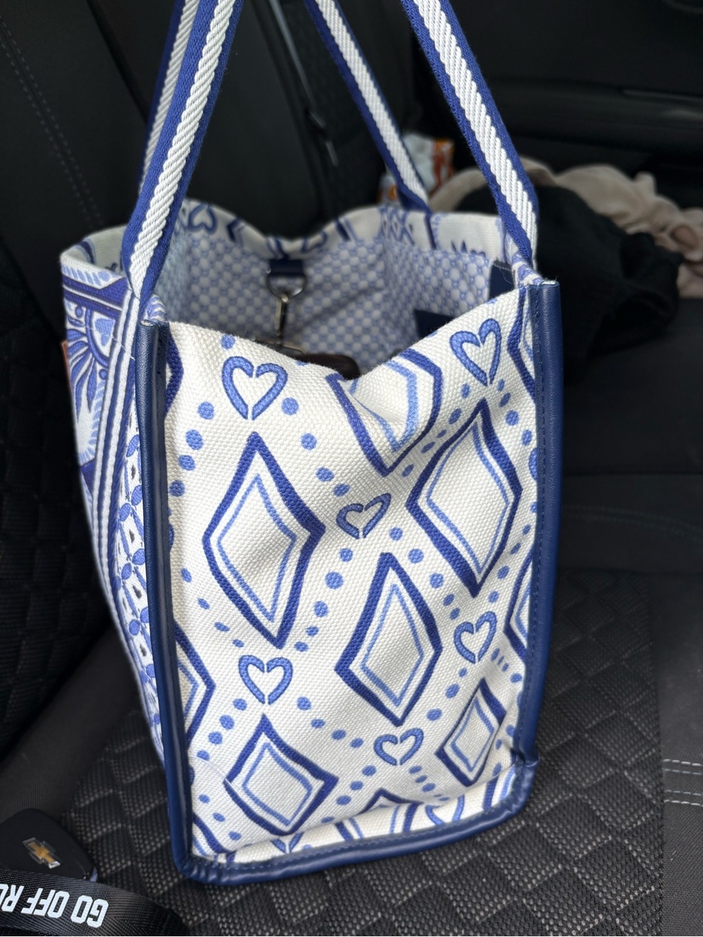 Brighton Blue & White Patterned Tote with Tan Logo Patch - Picture 2 of 5